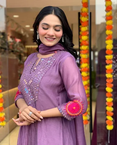 Purple Women Kurti Set Cotton Silk Embroidered Mirror Work Festive Suit with Heavy Neckline, Three Quarter Sleeves, Ethnic Wear Party Outfit Size M thumbnail 2
