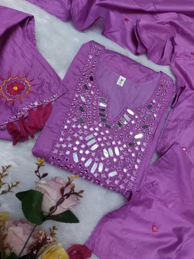 Purple Women Kurti Set Cotton Silk Embroidered Mirror Work Festive Suit with Heavy Neckline, Three Quarter Sleeves, Ethnic Wear Party Outfit Size M thumbnail 0