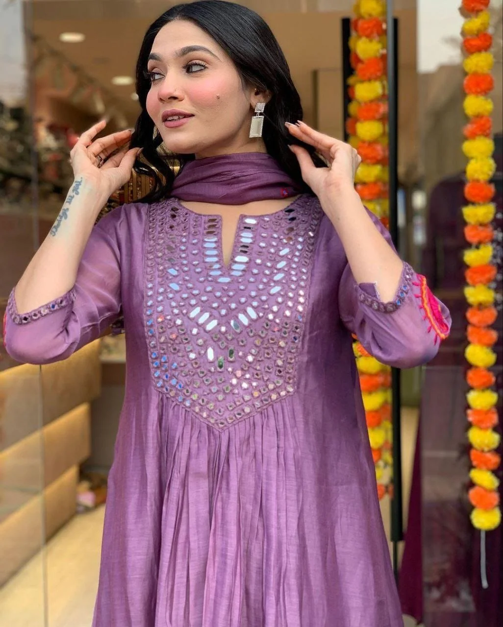 Purple Cotton Silk Kurti Set for Women with Embroidered Mirror Work, Heavy Neckline, Three Quarter Sleeves, Festive Ethnic Party Suit Outfit Size L image 5
