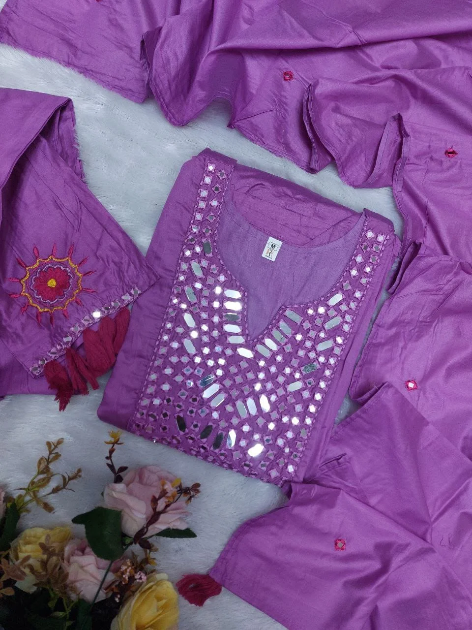 Purple Cotton Silk Kurti Set for Women with Embroidered Mirror Work, Heavy Neckline, Three Quarter Sleeves, Festive Ethnic Party Suit Outfit Size L image 6