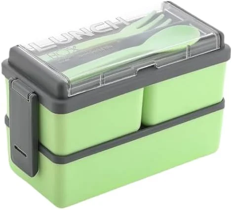 Multi Compartment Plastic Lunch Box with Spoon Fork Two Tier Leak Resistant Food Storage Tiffin Box for School Office Travel image 2