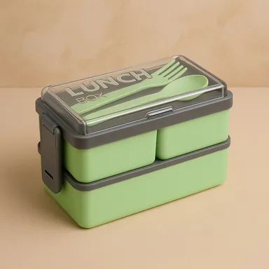 Multi Compartment Plastic Lunch Box with Spoon Fork Two Tier Leak Resistant Food Storage Tiffin Box for School Office Travel  thumbnail 0
