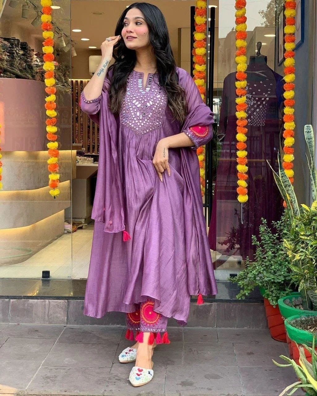Purple Cotton Silk Kurti Set for Women Embroidered Mirror Work Heavy Neckline Three Quarter Sleeves Festive Party Ethnic Suit Outfit Size XL image 4