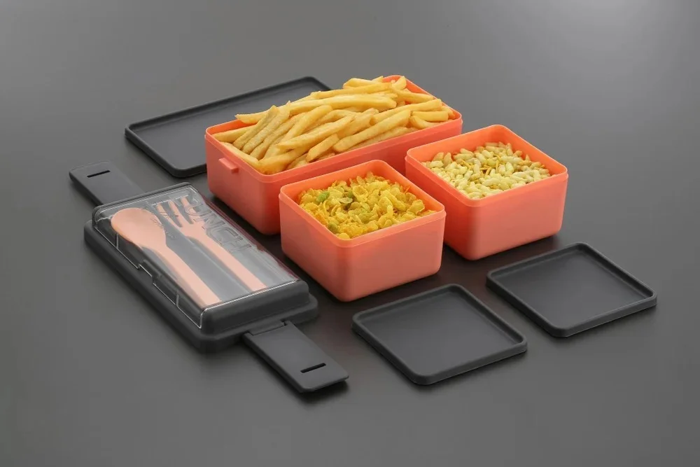 Multi Compartment Plastic Lunch Box with Spoon Fork Two Tier Leak Resistant Food Storage Tiffin Box for School Office Travel| orange color image 2