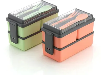Multi Compartment Plastic Lunch Box with Spoon Fork Two Tier Leak Resistant Food Storage Tiffin Box for School Office Travel| orange color thumbnail 3