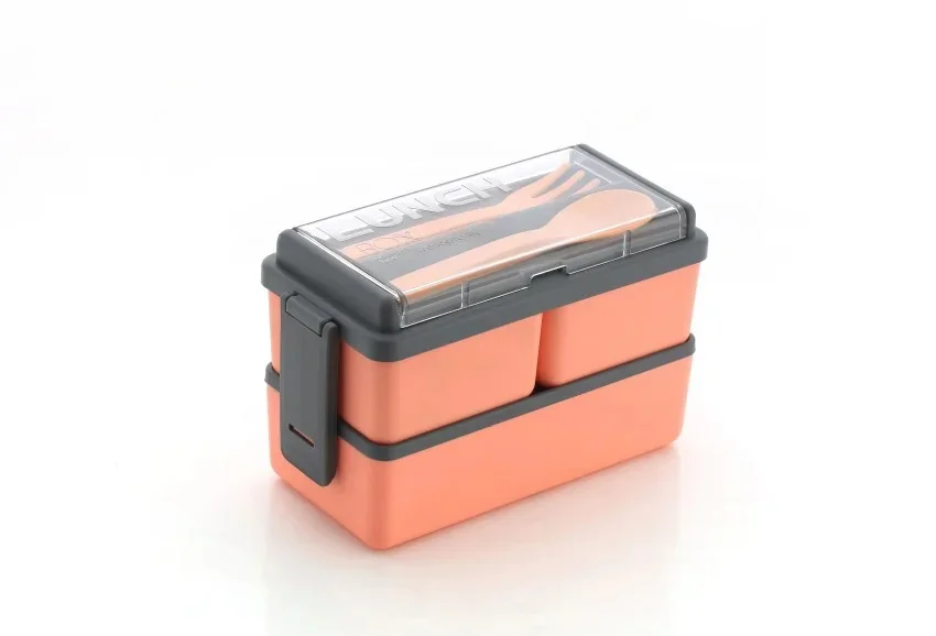 Multi Compartment Plastic Lunch Box with Spoon Fork Two Tier Leak Resistant Food Storage Tiffin Box for School Office Travel| orange color image 1