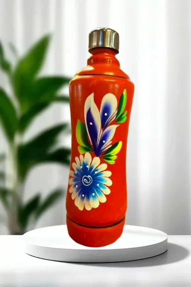 Clay Water Bottle 1 Liter Hand-Painted Earthenware Eco-Friendly Natural Traditional Indian Pottery BPA-Free Chemical-Free thumbnail 1