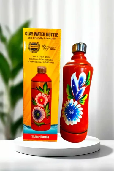 Clay Water Bottle 1 Liter Hand-Painted Earthenware Eco-Friendly Natural Traditional Indian Pottery BPA-Free Chemical-Free thumbnail 0