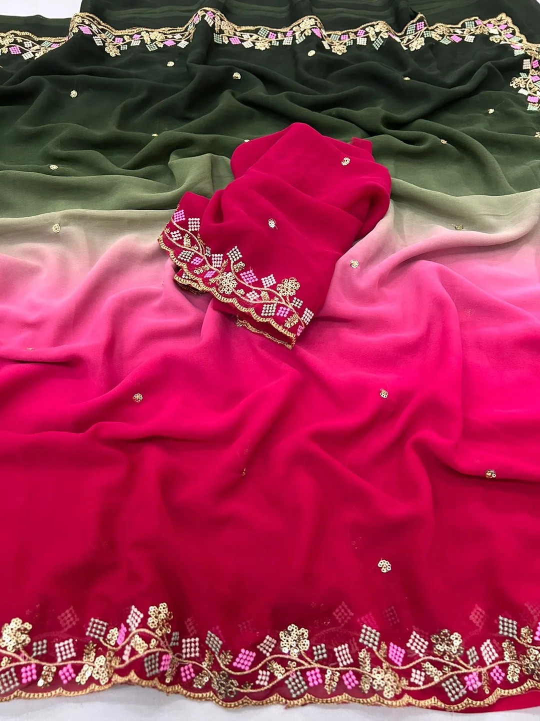 Pure Star Georgette Chiffon Ombre Saree with Multi Sequin Embroidery & Matching Blouse | Elegant Traditional Indian Wear for Parties & Weddings image 3
