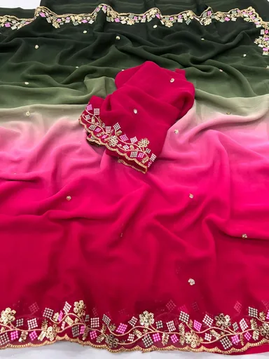 Pure Star Georgette Chiffon Ombre Saree with Multi Sequin Embroidery & Matching Blouse | Elegant Traditional Indian Wear for Parties & Weddings thumbnail 2