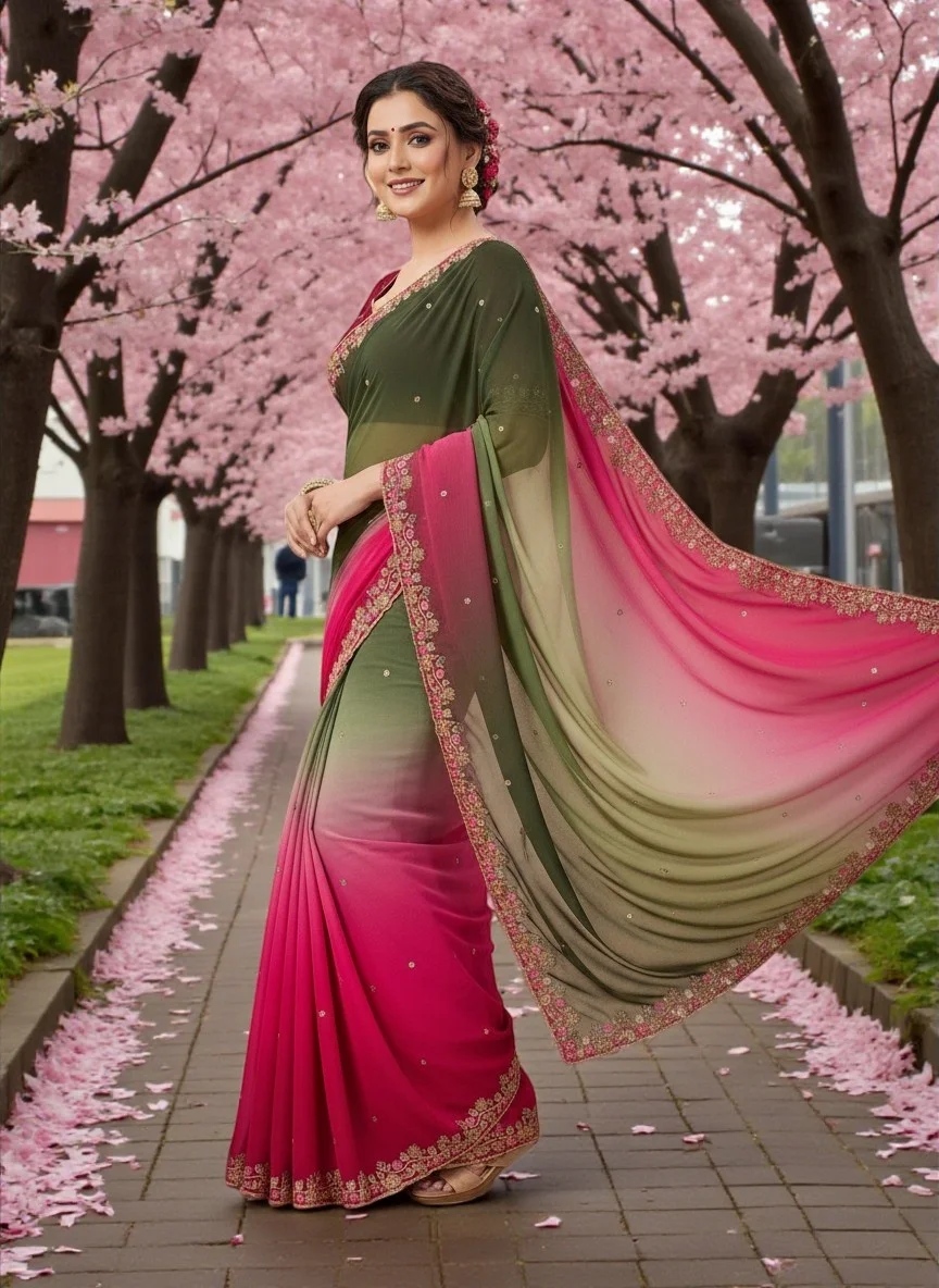Pure Star Georgette Chiffon Ombre Saree with Multi Sequin Embroidery & Matching Blouse | Elegant Traditional Indian Wear for Parties & Weddings image 1