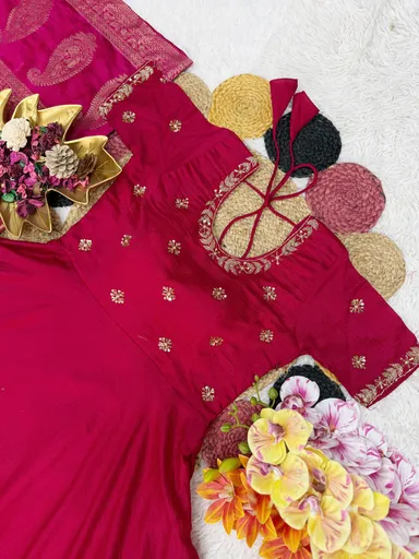Women’s Designer Red Georgette Anarkali Gown with Heavy Embroidery | Antique Gold Banarasi Silk Dupatta | Party Wear Long Ethnic Suit for Women | Festive & Wedding Outfit thumbnail 1