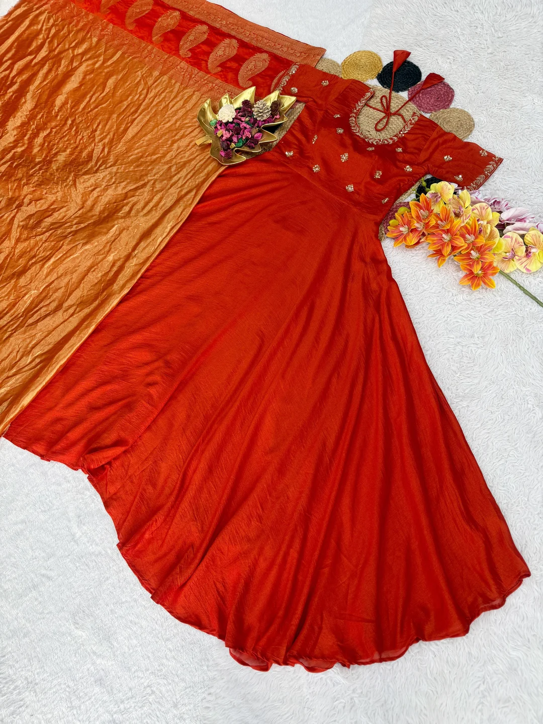 Women’s Designer Red Georgette Anarkali Gown with Heavy Embroidery | Antique Gold Banarasi Silk Dupatta | Party Wear Long Ethnic Suit for Women | Festive & Wedding Outfit image 3