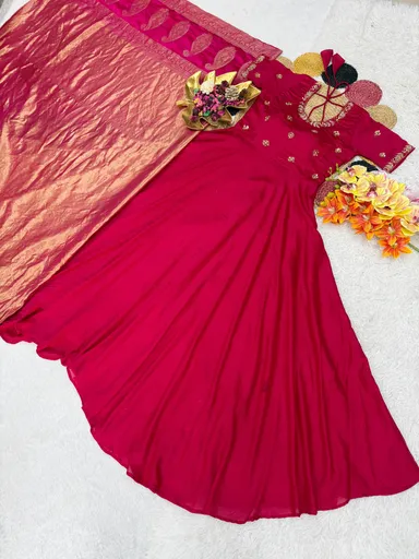 Women’s Designer Red Georgette Anarkali Gown with Heavy Embroidery | Antique Gold Banarasi Silk Dupatta | Party Wear Long Ethnic Suit for Women | Festive & Wedding Outfit thumbnail 0