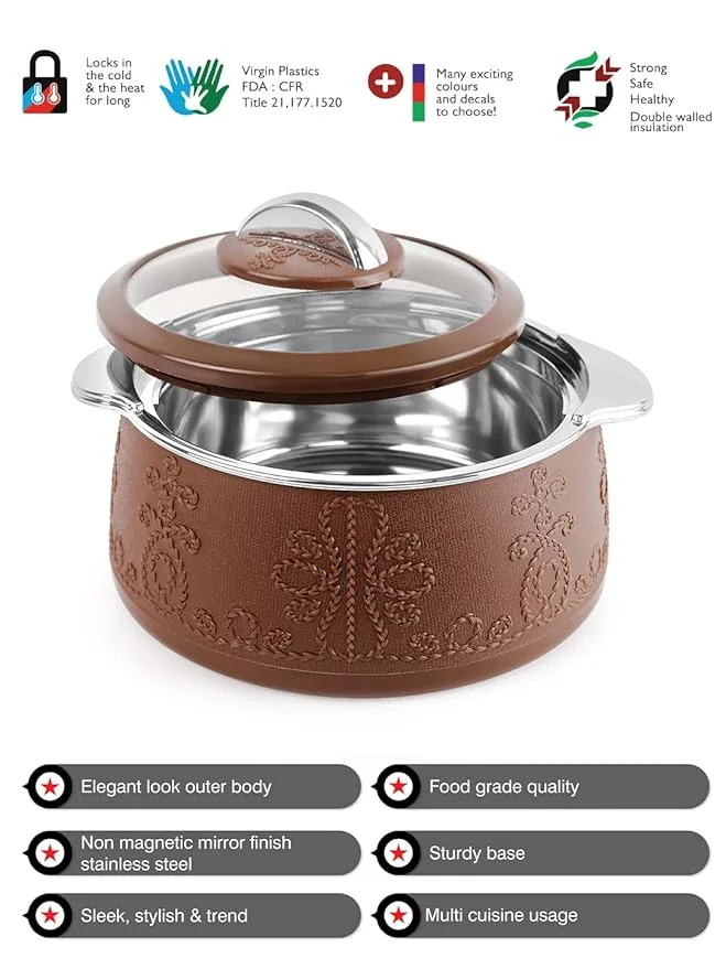 CELLO Royale Casserole 3 PC, 600ml, 1100ml, 1600ml Brown Pack of 3 Thermoware Casserole Set (1600 ml) image 4