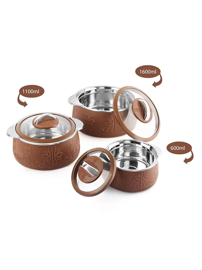 CELLO Royale Casserole 3 PC, 600ml, 1100ml, 1600ml Brown Pack of 3 Thermoware Casserole Set (1600 ml) image 6