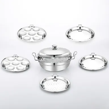 Stainless Steel Multi Kadai-Idli Dhokla Maker/Cooker with Steamer and 5 Plates for Idli, Dhokla, Mini Idlies, Modaks/Momos |Copper Bottem thumbnail 1