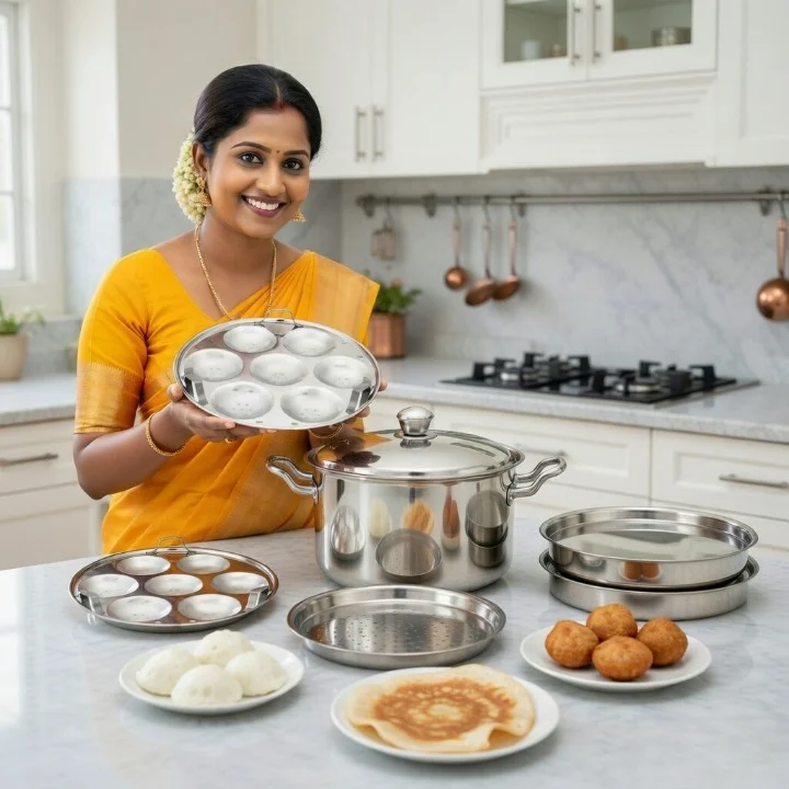Stainless Steel Multi Kadai-Idli Dhokla Maker/Cooker with Steamer and 5 Plates for Idli, Dhokla, Mini Idlies, Modaks/Momos |Copper Bottem image 1