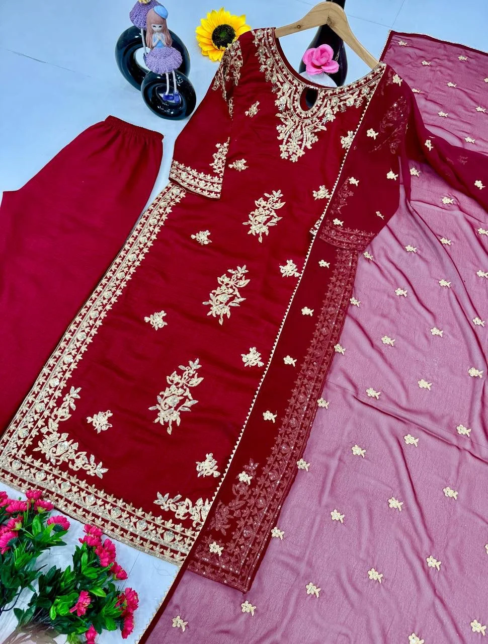 Designer Heavy Party Wear Top With Plazzo Set for Women in Heavy Vichitra Silk with Embroidery Sequence Work and Dupatta image 5