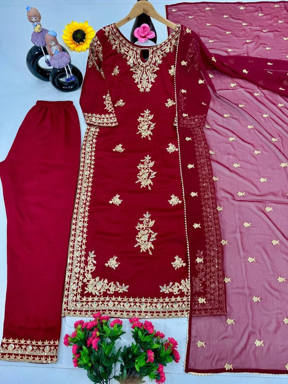Designer Heavy Party Wear Top With Plazzo Set for Women in Heavy Vichitra Silk with Embroidery Sequence Work and Dupatta image 6