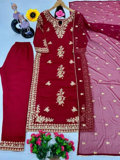 Designer Heavy Party Wear Top With Plazzo Set for Women in Heavy Vichitra Silk with Embroidery Sequence Work and Dupatta thumbnail 5