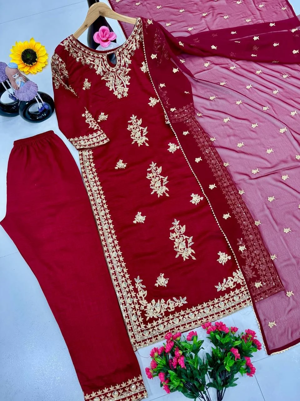 Designer Heavy Party Wear Top With Plazzo Set for Women in Heavy Vichitra Silk with Embroidery Sequence Work and Dupatta image 7