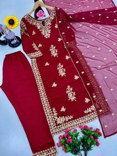 Designer Heavy Party Wear Top With Plazzo Set for Women in Heavy Vichitra Silk with Embroidery Sequence Work and Dupatta thumbnail 6
