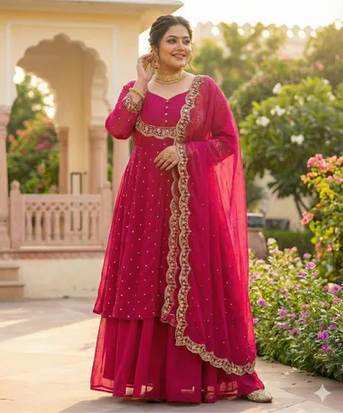 Premium Vichitra Silk Cape Top with Embroidered Skirt and Dupatta Set for Women Wedding Party Ethnic Wear Sweetheart Neckline Fully Lined Lehenga 40 Inch thumbnail 1