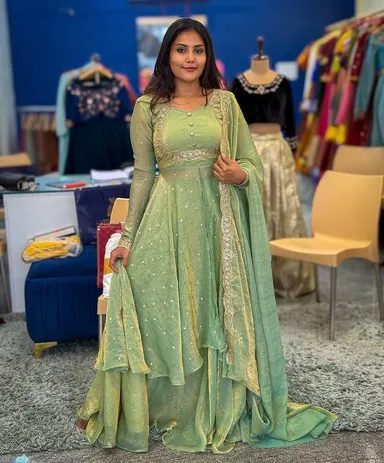 Premium Vichitra Silk Cape Top with Embroidered Skirt and Dupatta Set for Women Wedding Party Ethnic Wear Sweetheart Neckline Fully Lined Lehenga 40 Inch thumbnail 3