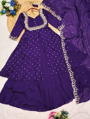 Premium Vichitra Silk Cape Top with Embroidered Skirt and Dupatta Set for Women Wedding Party Ethnic Wear Sweetheart Neckline Fully Lined Lehenga 40 Inch thumbnail 4