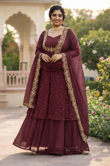 Premium Vichitra Silk Cape Top with Embroidered Skirt and Dupatta Set for Women Wedding Party Ethnic Wear Sweetheart Neckline Fully Lined Lehenga 40 Inch thumbnail 5
