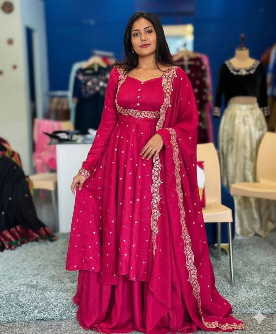 Premium Vichitra Silk Cape Top with Embroidered Skirt and Dupatta Set for Women Wedding Party Ethnic Wear Sweetheart Neckline Fully Lined Lehenga 40 Inch image 1