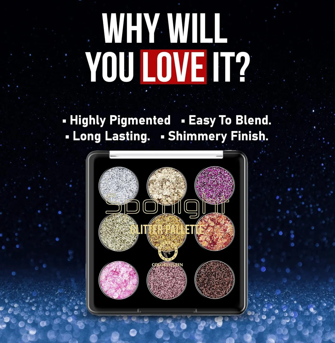 Glitter Eyeshadow Palette 9 Shades | Highly Pigmented, Finely Pressed, Blendable Shimmery Eye Makeup for Party, Festival, Daily Glam image 3