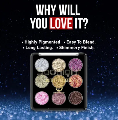Glitter Eyeshadow Palette 9 Shades | Highly Pigmented, Finely Pressed, Blendable Shimmery Eye Makeup for Party, Festival, Daily Glam thumbnail 2
