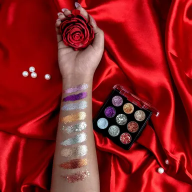 Glitter Eyeshadow Palette 9 Shades | Highly Pigmented, Finely Pressed, Blendable Shimmery Eye Makeup for Party, Festival, Daily Glam thumbnail 3