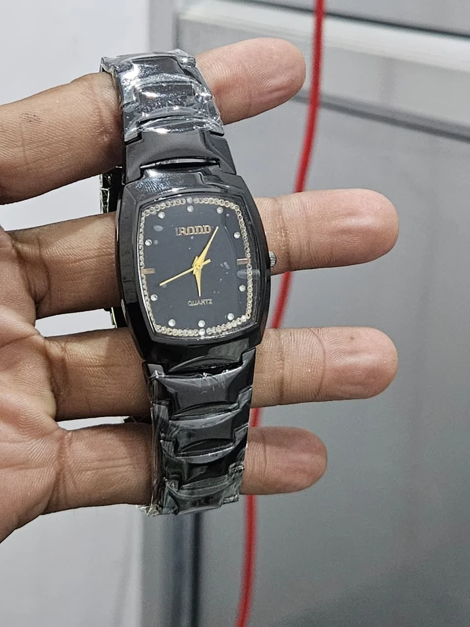 Quartz Analog Black Stainless Steel Strap Watch for Men with Rectangular Black Dial and Gold Hands Stylish Casual Wrist Watch image 3