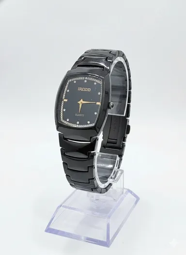 Quartz Analog Black Stainless Steel Strap Watch for Men with Rectangular Black Dial and Gold Hands Stylish Casual Wrist Watch thumbnail 3