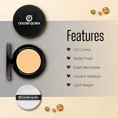 Colors Queen Luminous Silk Compact Powder 10g with Argan Oil |Oil Control, Matte Pressed Powder| Lightweight & Long Lasting Face Makeup for Sand Tan Skin in India thumbnail 1