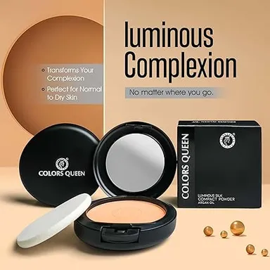 Colors Queen Luminous Silk Compact Powder 10g with Argan Oil |Oil Control, Matte Pressed Powder| Lightweight & Long Lasting Face Makeup for Sand Tan Skin in India thumbnail 3