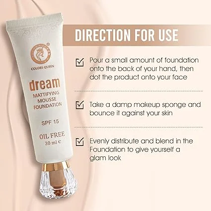 Colors Queen Dream Mattifying Mousse Foundation 01 Ivory|Oil-Free Matte Finish SPF-15|Long Lasting Lightweight Buildable Coverage Face Makeup image 5