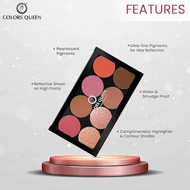 Colors Queen Ultra Professional Blush Palette with Shimmer Highlighters and Contour Shades | Highly Pigmented|Lightweight|Easy to Blend | Shade 02 thumbnail 4