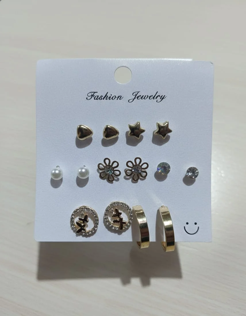 7-Pairs Fashion Jewelry Earring Set |Gold Tone, Heart Star Flower Pearl Crystal Hoop Earrings for Women | Stylish Party and Daily Wear image 2