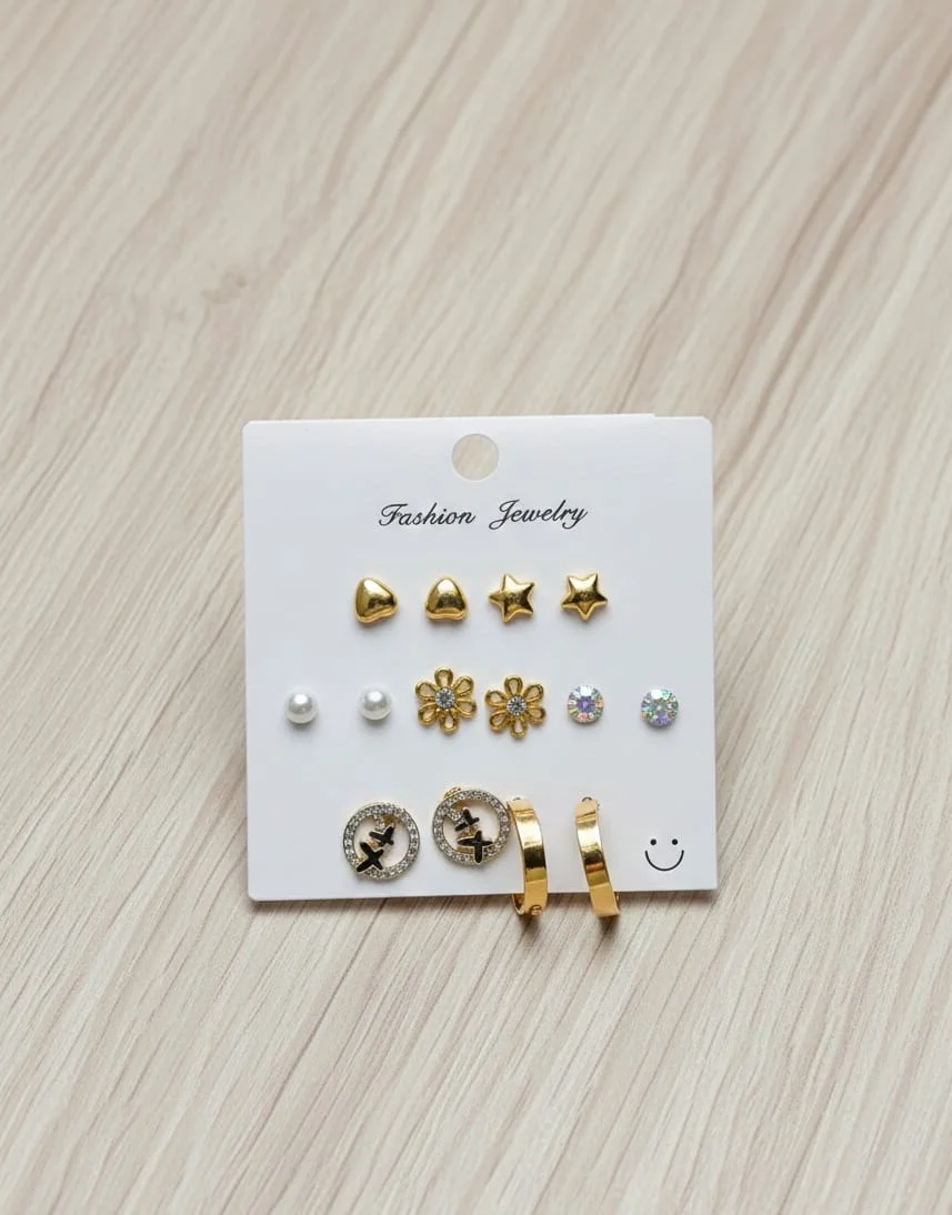 7-Pairs Fashion Jewelry Earring Set |Gold Tone, Heart Star Flower Pearl Crystal Hoop Earrings for Women | Stylish Party and Daily Wear image 1