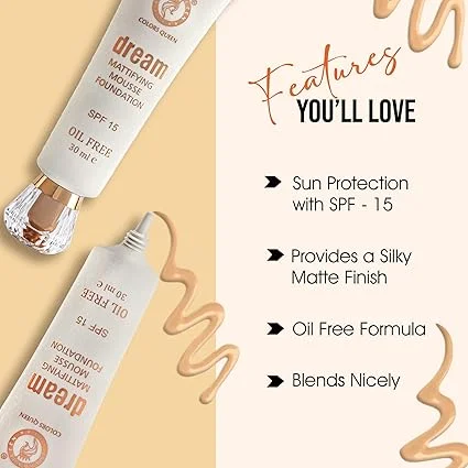 Colors Queen Dream Mattifying Mousse Foundation 30ml Oil Free SPF‑15 Matte Finish Buildable Coverage Face Makeup for Oily to Combination Skin India image 3