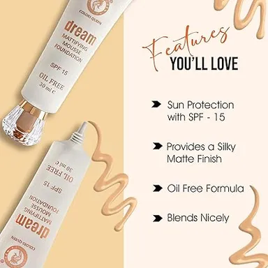 Colors Queen Dream Mattifying Mousse Foundation 30ml Oil Free SPF‑15 Matte Finish Buildable Coverage Face Makeup for Oily to Combination Skin India thumbnail 2