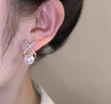 Pearl Earrings with Crystal Cross Design Silver Tone Elegant Stud Style Jewelry for Daily Wear Office Wear Parties & Special Occasions thumbnail 1