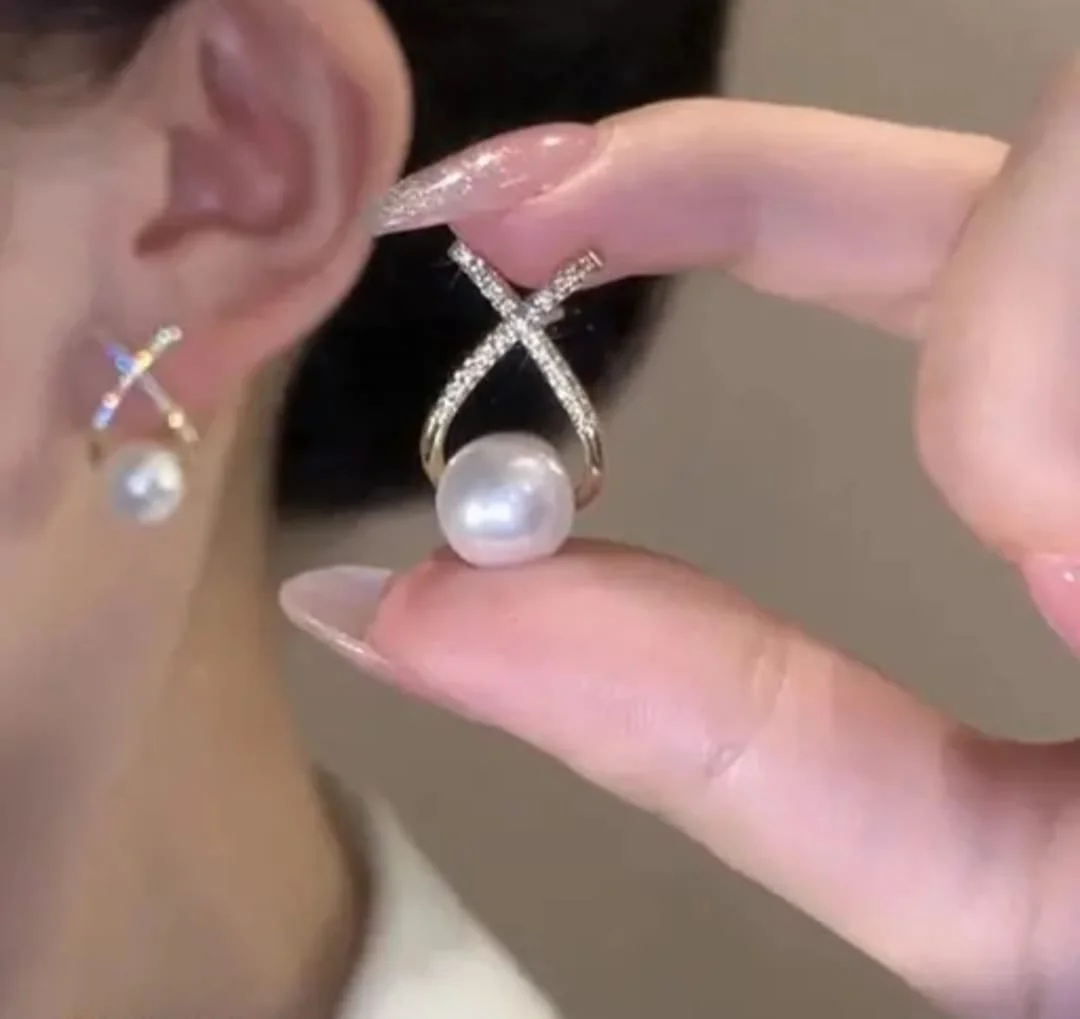 Pearl Earrings with Crystal Cross Design Silver Tone Elegant Stud Style Jewelry for Daily Wear Office Wear Parties & Special Occasions image 1