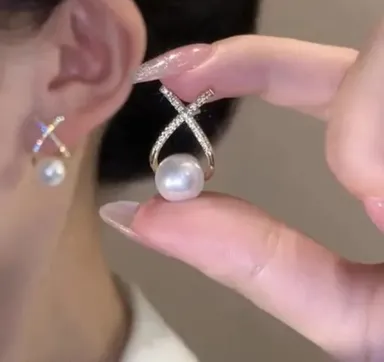 Pearl Earrings with Crystal Cross Design Silver Tone Elegant Stud Style Jewelry for Daily Wear Office Wear Parties & Special Occasions thumbnail 0