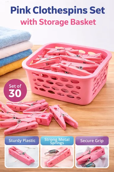 Plastic Clothes Peg Basket with Strong Grip Laundry Clips | Heavy Duty Plastic Cloth Clips with Steel Spring for Indoor Outdoor Drying thumbnail 1