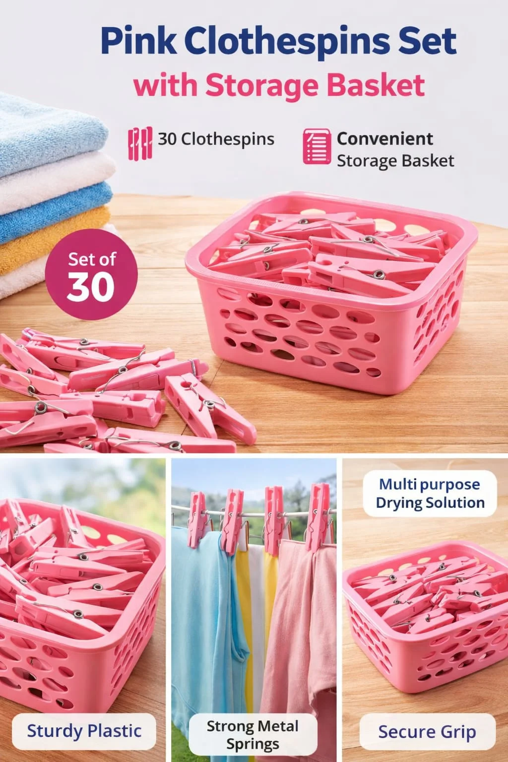 Plastic Clothes Peg Basket with Strong Grip Laundry Clips | Heavy Duty Plastic Cloth Clips with Steel Spring for Indoor Outdoor Drying image 3